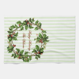 休日のパーソナライズなヴィンテージのヒイラギのリース キッチンタオル