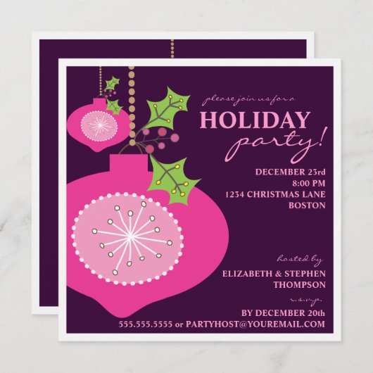 休日のパーティのレトロのピンクのオーナメントの招待状 招待状 (正面/裏面)