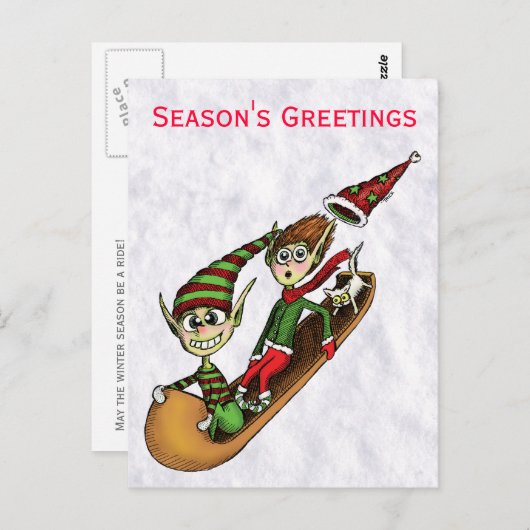 休日のパーティの招待状-熱狂するな小妖精や小人のそりの乗車 ポストカード (正面/裏面)