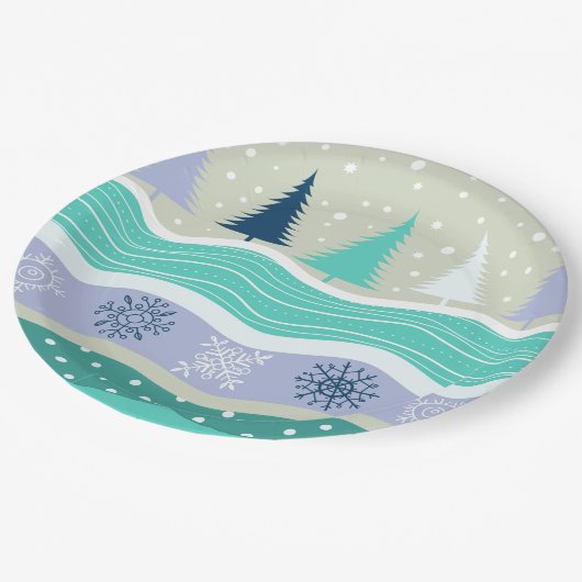 休日のモミの木の雪片の雪のクリスマス ペーパープレート (アングル)