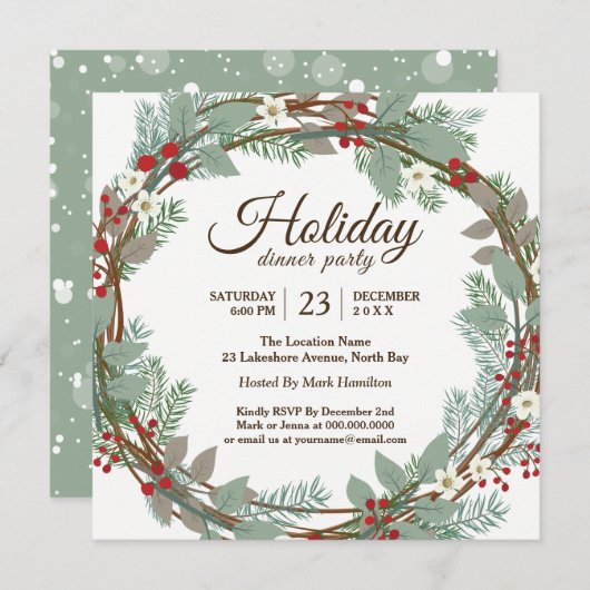 休日のリースのクリスマス夕食のパーティの招待状 招待状 (正面/裏面)