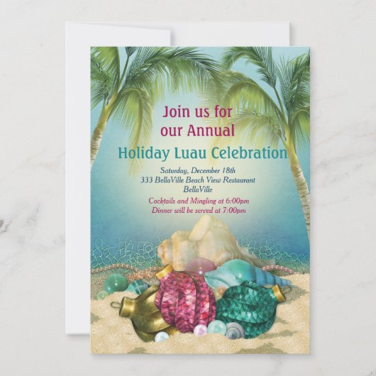 休日のルアウ（ハワイ式宴会）のビーチのパーティの招待状 招待状 (正面)