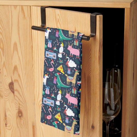 休日の予測できな動物とアイコンのパターン キッチンタオル (三つ折り)