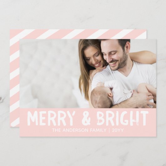 休日の写真カード |ピンクメリーモダンと明るい シーズンカード (正面/裏面)