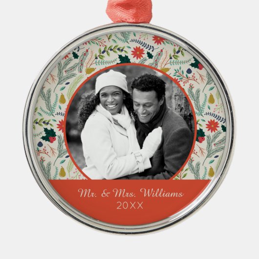 休日の写真|のメリークリスマスの休日の花柄 メタルオーナメント (正面)