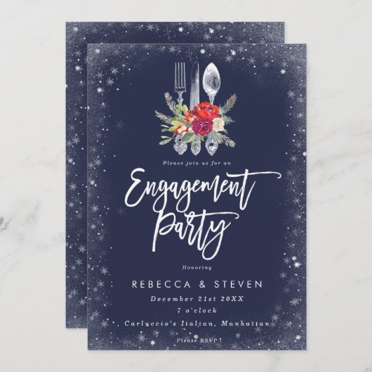 休日の冬のフローラ婚約パーティ招待 招待状 (正面/裏面)