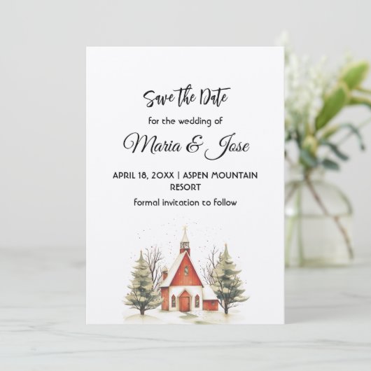 休日の冬の赤い教会の松の木の日付を保存 招待状 (スタンド正面)