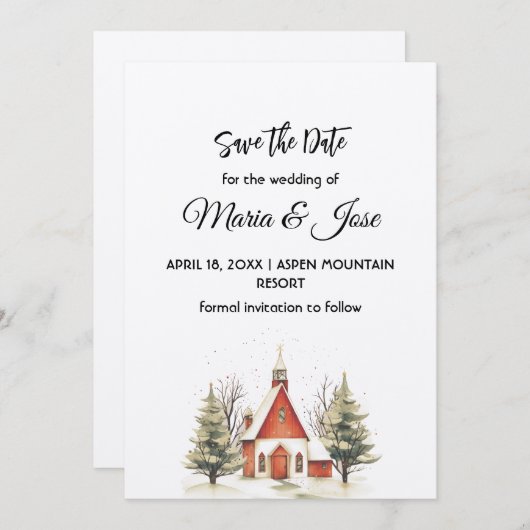 休日の冬の赤い教会の松の木の日付を保存 招待状 (正面/裏面)