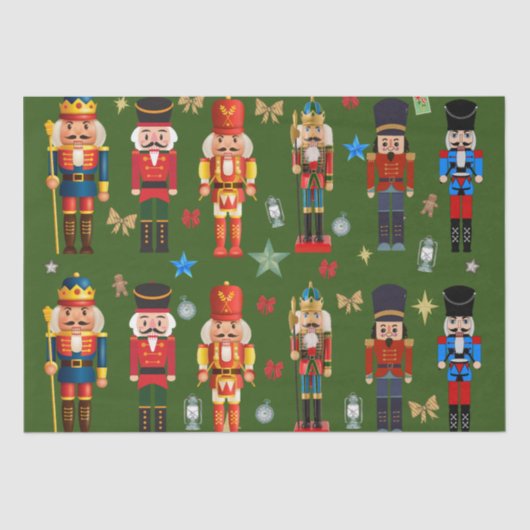 休日の可憐なおもちゃの兵士のナツクラッカーパターングリーン 薄葉紙 (正面)