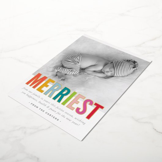 休日の家族の写真メリー明るいカラフル 箔シーズンカード (回転した状態)