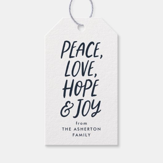 休日の平和の愛を希望する喜びネイビーブルークリスマス ギフトタグ (正面)