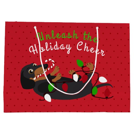 休日の応援のかわいいダックスフントのクリスマスを自由にして下さい ラージペーパーバッグ (裏面)