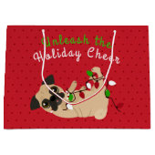 休日の応援のかわいいパグのクリスマスを自由にして下さい ラージペーパーバッグ (正面)