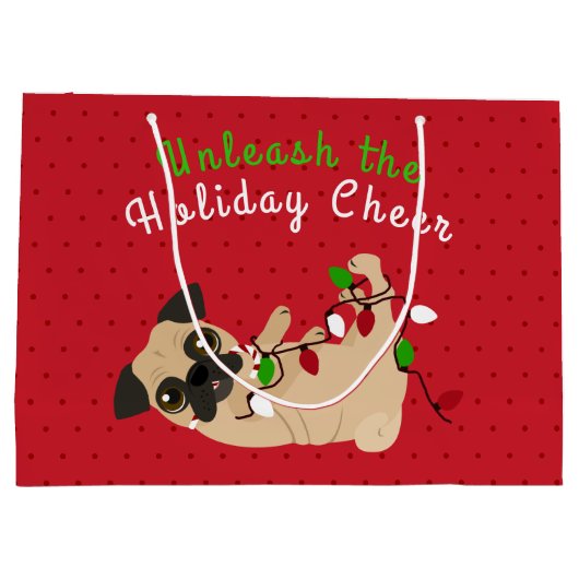 休日の応援のかわいいパグのクリスマスを自由にして下さい ラージペーパーバッグ (裏面)