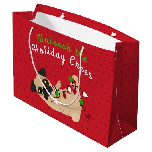 休日の応援のかわいいパグのクリスマスを自由にして下さい ラージペーパーバッグ (裏面アングル)