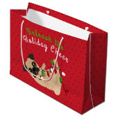 休日の応援のかわいいパグのクリスマスを自由にして下さい ラージペーパーバッグ (正面アングル)