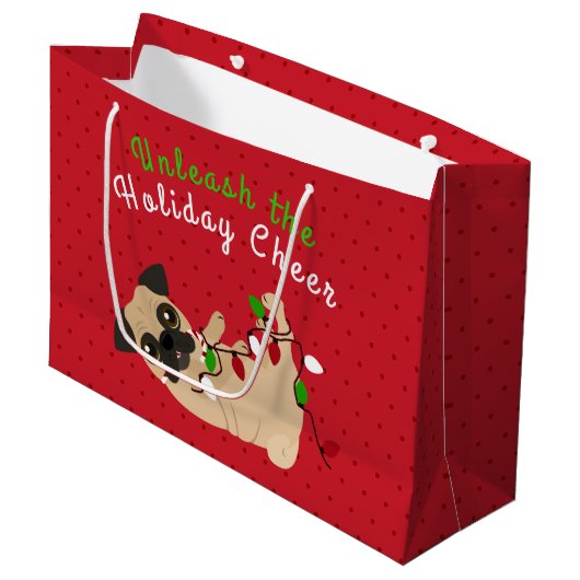 休日の応援のかわいいパグのクリスマスを自由にして下さい ラージペーパーバッグ (正面アングル)
