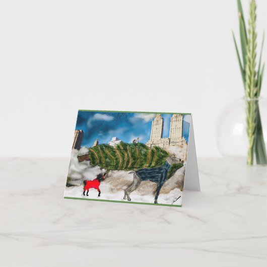 休日の挨拶状犬はクリスマスツリーNYを得ます シーズンカード (正面)