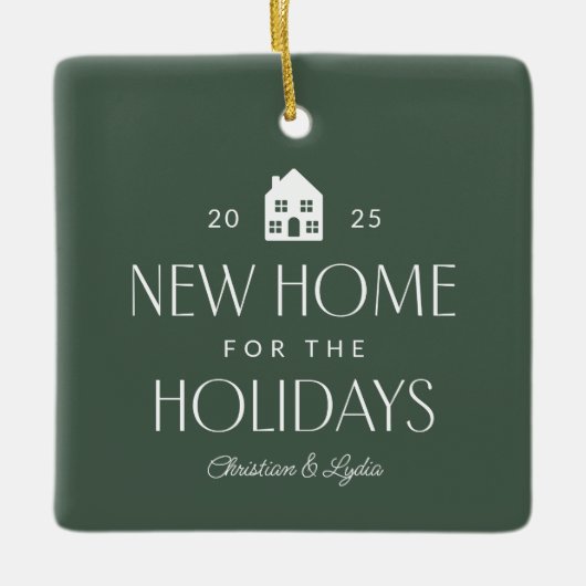 休日の新しい家の緑の写真クリスマス セラミックオーナメント (正面)