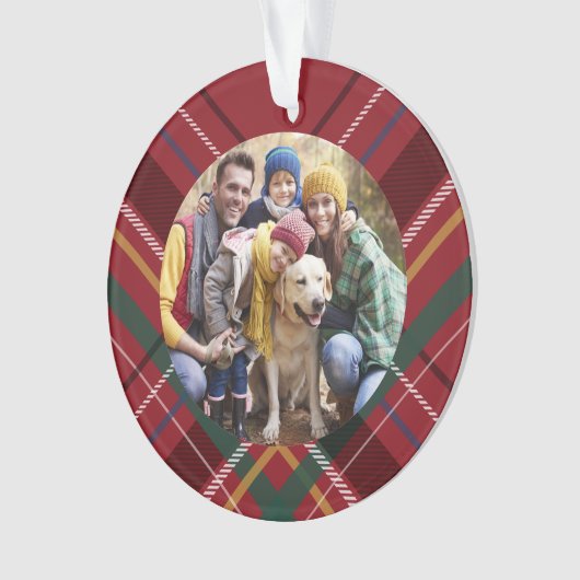 休日の格子枠の家族の写真赤いクリスマス オーナメント (正面)