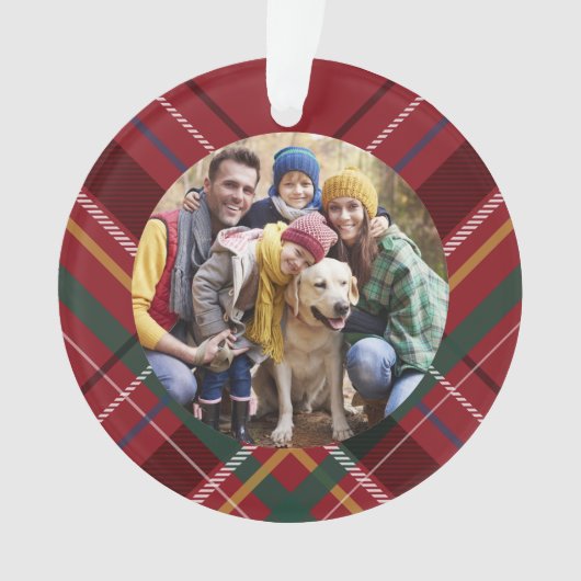 休日の格子枠の家族の写真赤いクリスマス オーナメント (正面)