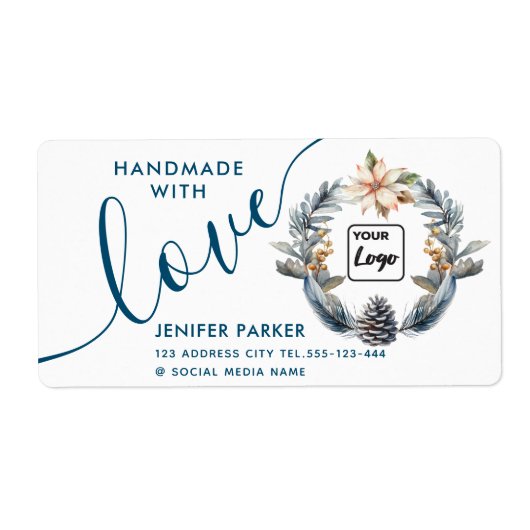 休日の水の色ポインセチア愛で手作り ラベル (正面)