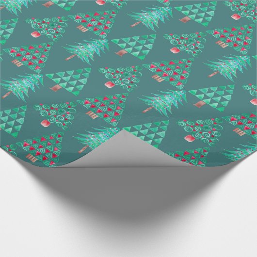 休日の水彩画のクリスマスツリーのギフト用包装紙のティール（緑がかった色） ラッピングペーパー (角)