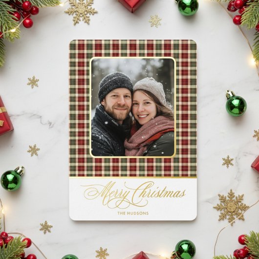 休日の素朴格子模様の写真メリークリスマスフォイル 箔シーズンカード