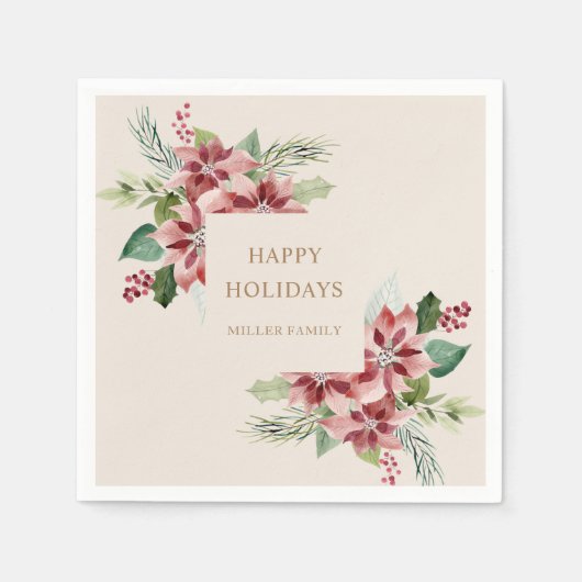 休日の緑のポインセチアのクリスマスパーティー スタンダードカクテルナプキン (正面)