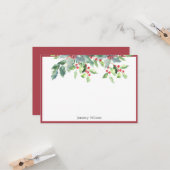 休日の緑の草木のヒイラギの植物の赤くパーソナライズなノート カード (正面/裏面インサイチュ)
