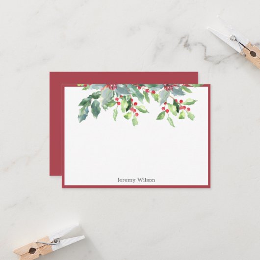 休日の緑の草木のヒイラギの植物の赤くパーソナライズなノート カード (正面/裏面インサイチュ)