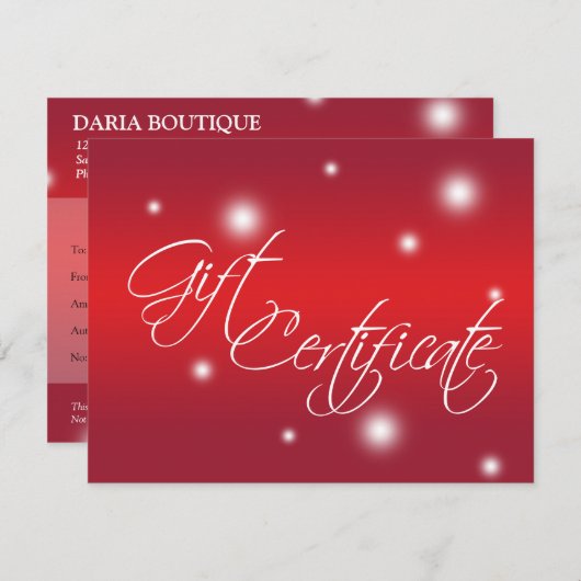 休日の赤いグロー小売ビジネスギフト証明書 (正面/裏面)