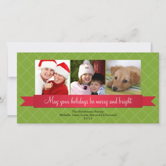 休日の赤いサテンリボン緑の格子挨拶 シーズンカード (正面)