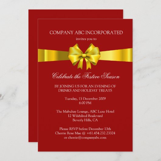 休日の金ゴールドのリボンのイラストレーションの企業のなパーティー 招待状 (正面/裏面)