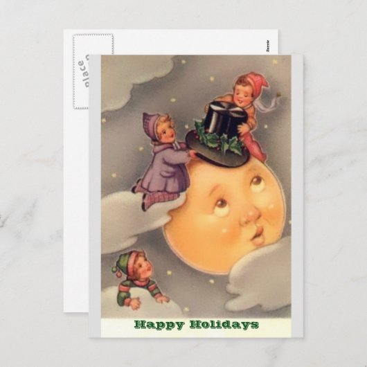 休日はがき：ヴィンテージお洒落ムーン&キッズ シーズンポストカード (正面/裏面)