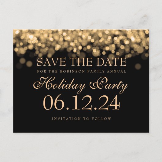 休日エレガントパーティ日付金ゴールドライトの保存 案内ポストカード (正面)