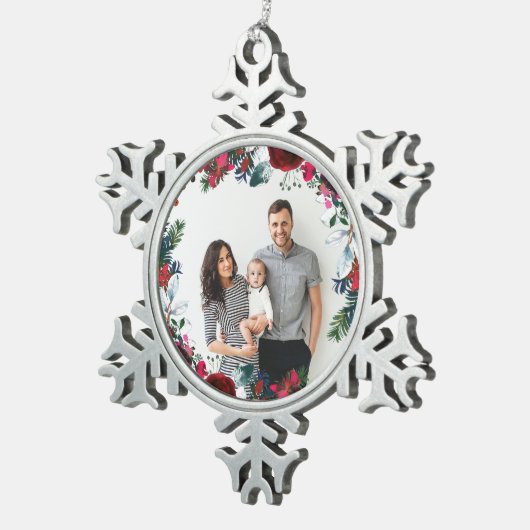 休日フローラクリスマスリースパーソナライズされた写真 スノーフレークピューターオーナメント (右)