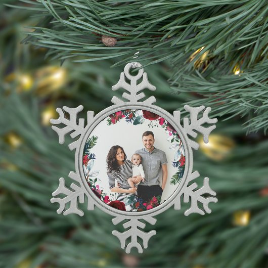 休日フローラクリスマスリースパーソナライズされた写真 スノーフレークピューターオーナメント