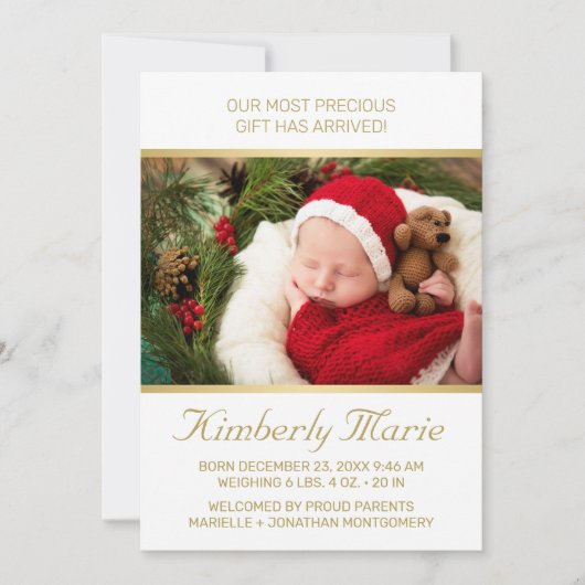 休日ベビー誕生エレガント金ゴールドスクリプト（写真あり） 案内状 (正面)