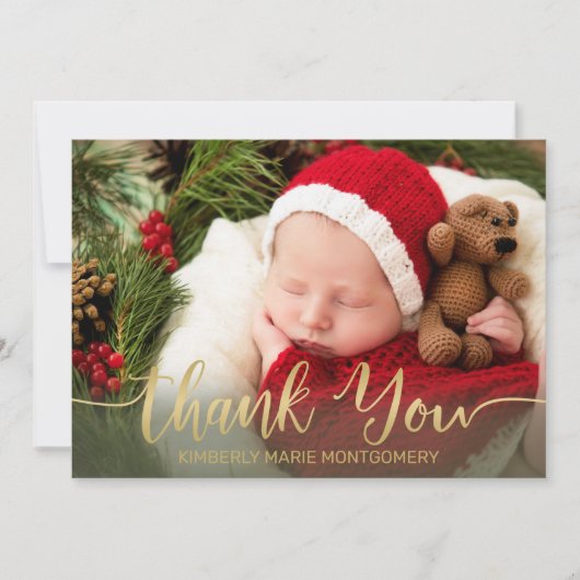 休日ベビー誕生金ゴールドスクリプトタイポグラフィ赤 案内状 (正面)