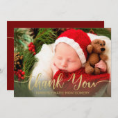 休日ベビー誕生金ゴールドスクリプトタイポグラフィ赤 案内状 (正面/裏面)