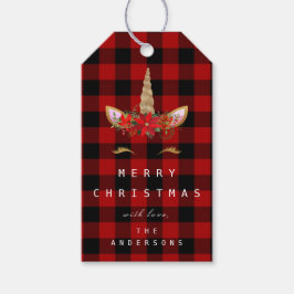 休日メリーギフトUnicorn金ゴールド格子赤 ギフトタグ