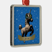"休日ユニコーン"のクリスマスのオーナメントw/Year (SqBl) メタルオーナメント (右)