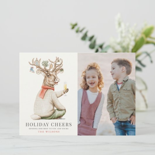 休日応援おもしろいトナカイ写真クリスマス シーズンカード (スタンド正面)