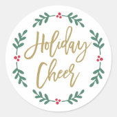 休日応援モダン金ゴールドスクリプトクリスマスリース ラウンドシール (正面)