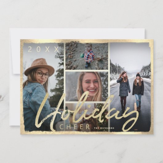 休日応援金ゴールドスクリプトフォトクリスマスカード 招待状 (正面)