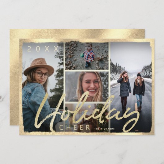 休日応援金ゴールドスクリプトフォトクリスマスカード 招待状 (正面/裏面)