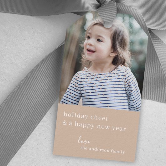 休日応援 |エレガントクリスマス写真Taupe Clay ギフトタグ