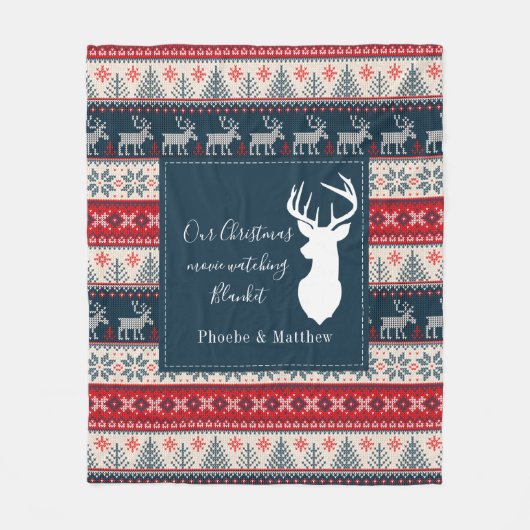 休日編み物パターンクリスマスパーソナライズされた フリースブランケット (正面)