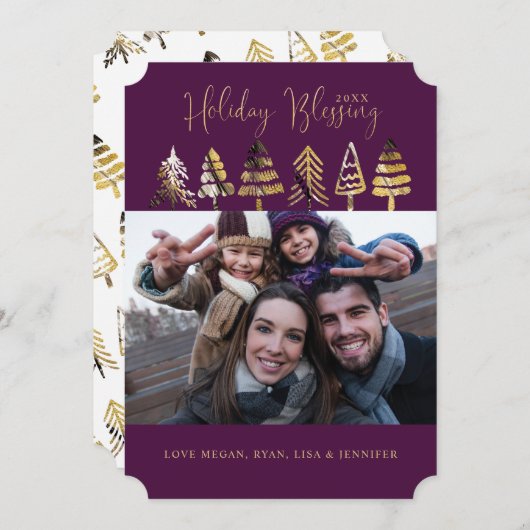 休日賛美の |紫の金ゴールドと黒の木の写真 シーズンカード (正面/裏面)